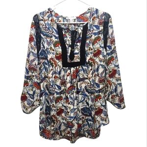 DR2 Floral Cottagecore Boho Chic Peasant Blouse Black Trim Size M Roll Tabs